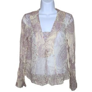 Vintage 90s Silk Peasant Blouse Womens Size M Pink Floral Semi Sheer Lace Up Bod